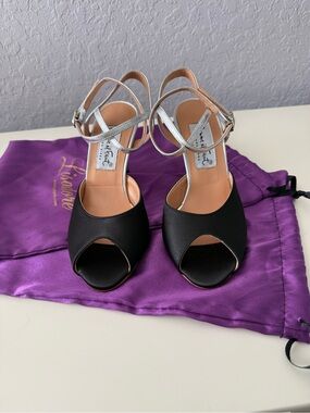 Black Peep-Toe Heels with Silver Ankle Straps